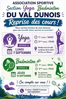 Reprise des cours de Yoga et Badminton à Dun-sur-Meuse